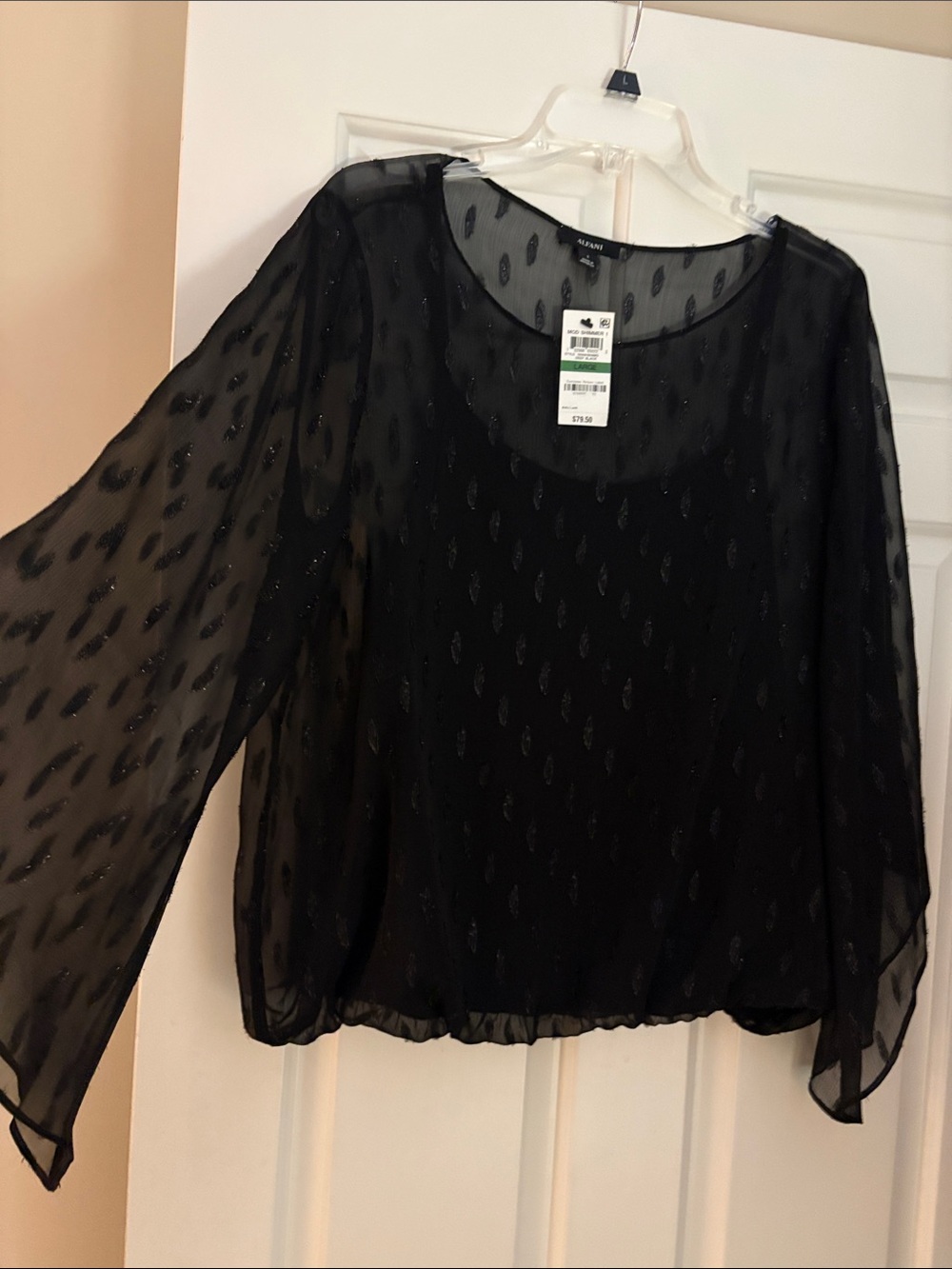 NWT Alfani Sheer Polkadot wide sleeve built in tank Large L